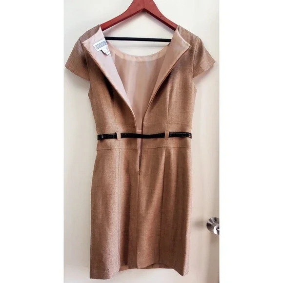 Jessica Howard Dress 12 Brown Belt Cap Sleeve Tweed Tan/Brown Sheath Poly Lined - Picture 7 of 13